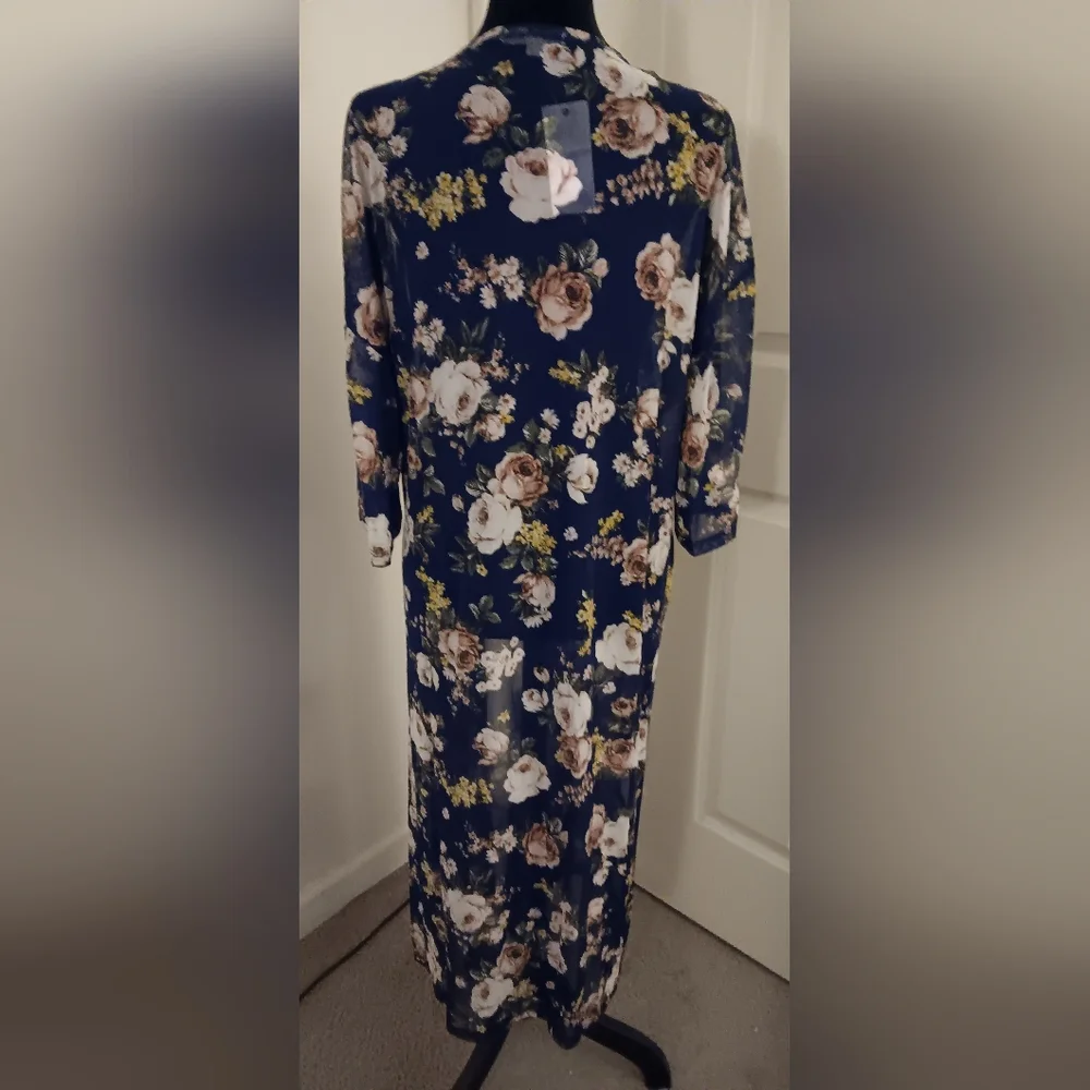 Ultra Flirt Sheer Blue Floral Kimono Duster Women's Size L New With Tags - Picture 3 of 5